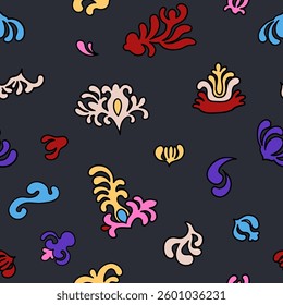 An intricate seamless pattern of swirling abstract floral shapes in vivid color tones. Psychedelic and Art Nouveau aesthetics. Vector repeated design