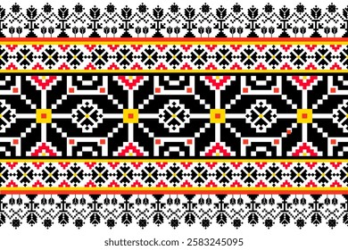 Intricate Seamless Pixel Floral Pattern – Elegant Black and Red Flowers on White Background
