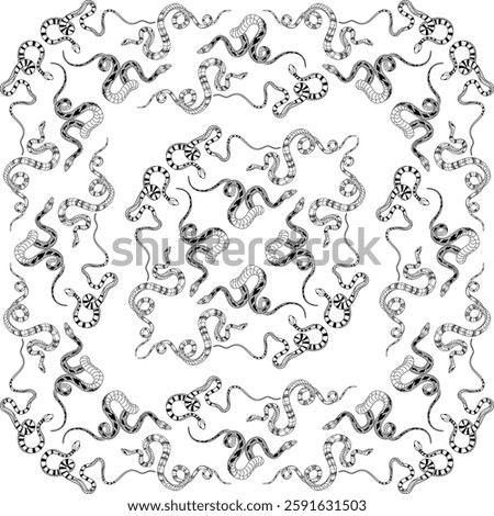 Intricate seamless snake pattern fills the space with elegance and artistry in bold black and white design
