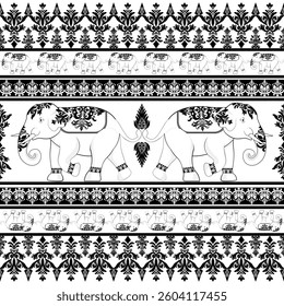 Intricate seamless vector pattern with ornate elephants and floral borders in black and white. Ideal for fabric, wallpaper, packaging, and cultural decor with an exotic Indian-inspired style.