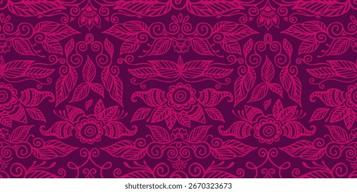 Un intrincado patrón de Vector sin costuras en un estilo tradicional indio mehndi. Presenta diseños florales y paisley magenta apretados firmemente sobre fondo púrpura oscuro. Para textiles, Fondo de pantalla, fondos.