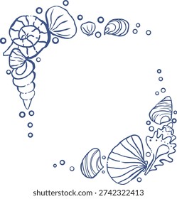 Intricate seashell line art frame with water bubbles for luxury spa and summer invitations.