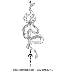 Intricate serpent design weaving through celestial motifs in black and white