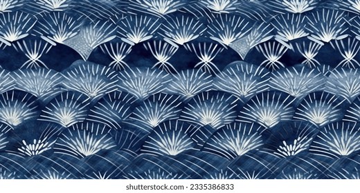 Un textil intrincado con estampado shibori que exhibe la antigua técnica japonesa de tintes de tintes, con índigo profundo, el motivo tribal shibori Tye Dye de textura , Estilo de tinta peonía.