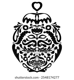 Intricate silhouette floral Christmas ornament elegant black and white decorative ball.  Vector folk art element