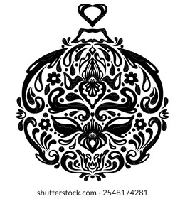 Intricate silhouette floral Christmas ornament elegant black and white decorative ball.  Vector folk art element