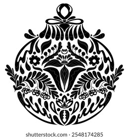 Intricate silhouette floral Christmas ornament elegant black and white decorative ball.  Vector folk art element