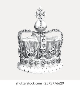 Intricate sketch of a royal crown adorned with jewels. The crown features detailed jewels, ornate designs, and a regal appearance. Perfect for royalty-themed designs. Vintage style vector element.