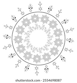 Intricate Snowflake Mandala Vector Design. Winter Holiday Circular Ornament. Geometric Snowflakes and Stars Pattern. Minimal Line Art Decoration