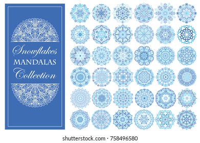 Intricate snowflake mandalas for elaborate Christmas decorative work. Floral design elements, round ornaments. Anti-stress therapy patterns. Weave vector. Unusual oriental flower shape.