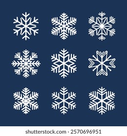 Intricate Snowflake Set: Symmetrical Winter Designs on Blue Background