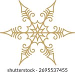 An intricate snowflake with swirling patterns and pointed edges in a geometric style. The design features symmetrical lines and ornate details forming a star-like shape. Cartoon vector illustration.