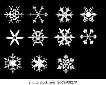 Intricate Snowflake Vector Set in White on Black Background