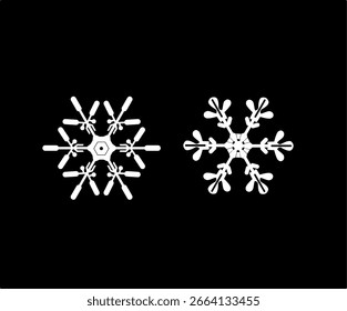 Intricate Snowflake Vector Set in White on Black Background.