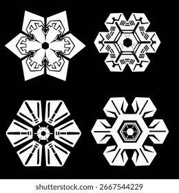 Intricate Snowflake Vector Set in White on Black Background