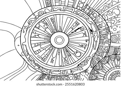 Intricate spiral pattern surrounded by floral designs in black and white. Artistic doodle concept. An intricate black and white spiral pattern filled with floral designs