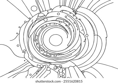 Padrão espiral intrincado rodeado por desenhos florais em preto e branco. Conceito de rabiscar artístico. Um intrincado padrão espiral preto e branco preenchido com desenhos florais