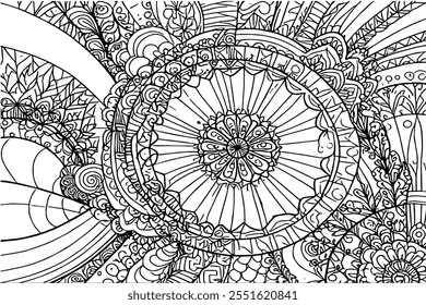 Intricate spiral pattern surrounded by floral designs in black and white. Artistic doodle concept. An intricate black and white spiral pattern filled with floral designs