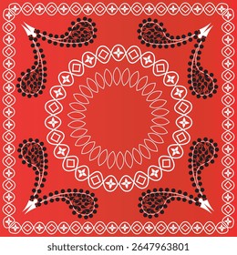 An intricate square vector pattern featuring a central mandala-like motif surrounded by paisley-inspired flourishes, interlocking borders, and balanced symmetry. The design is presented in orange, whi