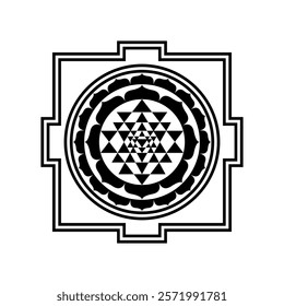 Intricate Sri Yantra symbol with layered triangles, lotus petals, and square border on white