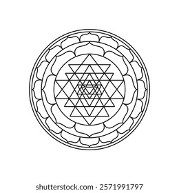 Intricate Sri Yantra symbol with layered triangles, lotus petals, and square border on white