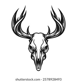 "Intricate Stag Skull with Antlers – Detailed Black and White Line Art Design"