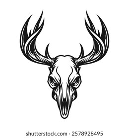 "Intricate Stag Skull with Antlers – Detailed Black and White Line Art Design"