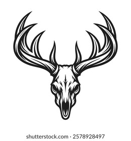 "Intricate Stag Skull with Antlers – Detailed Black and White Line Art Design"