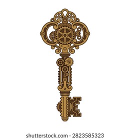 Intricate steampunk key design with interlocking clockwork gears. A highly detailed bronze-toned key with multiple visible interlocking gears and cogs on a white background. Perfect for escaping game logos or vintage mystery concepts.
