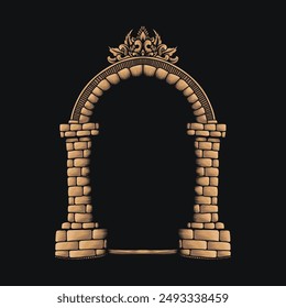 Intricate stone archway illustration with decorative elements.