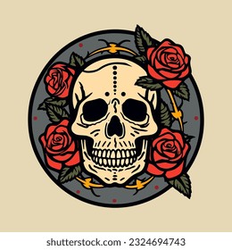 Intricate   striking  this illustration features skull head surrounded by an enchanting bouquet flowers   lush green leaves