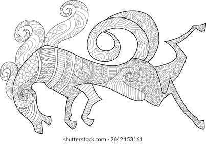 Intricate Stylized Horse Line Art, A detailed black and white line drawing of a stylized horse filled with intricate patterns and zentangle-inspired designs. Ideal for coloring books, relaxation,