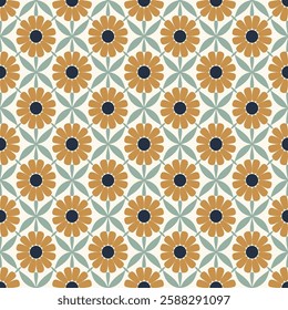 Intricate Sunflower Floral Tile Seamless Pattern in Blue and Gold