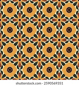 Intricate Sunflower Ornamental Tile Seamless Pattern in Yellow and Brown