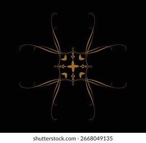 Intricate, symmetrical, abstract geometric pattern with glowing orange and gold lines on a black background.