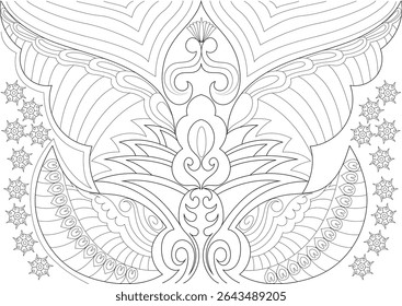 Intricate Symmetrical Abstract Pattern Line Art, Detailed symmetrical black and white line drawing featuring intricate abstract patterns, perfect for coloring books, textile design, decorative