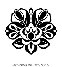 Intricate symmetrical floral in black and white, showcasing layers of petals and geometric elements.