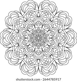 Intricate symmetrical mandala design with detailed patterns and shapes. Perfect for coloring books, relaxation, and mindfulness