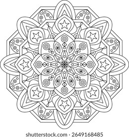 Design intrincado de mandala simétrica com estrelas, círculos e padrões geométricos repetitivos, ideal para colorir, meditação ou uso decorativo