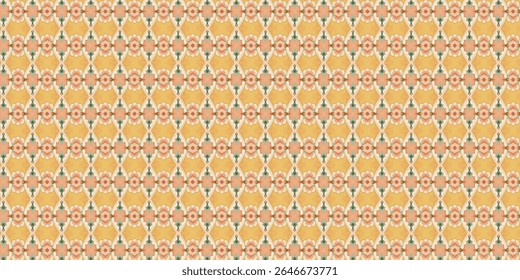 Intricate symmetrical pattern featuring warm tones of orange, pink, and green. A perfect choice for seamless designs, textiles, and digital artwork.