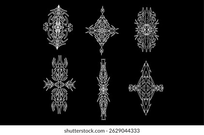 Intricate symmetrical tribal vector set with geometric ornaments on a black background.	