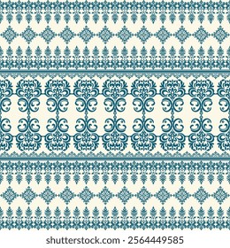 An Intricate teal floral and geometric pattern on cream background, featuring symmetrical designs and ornate motifs, perfect for textiles or wallpaper