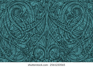 Intricate teal pattern featuring stylized creatures and organic shapes