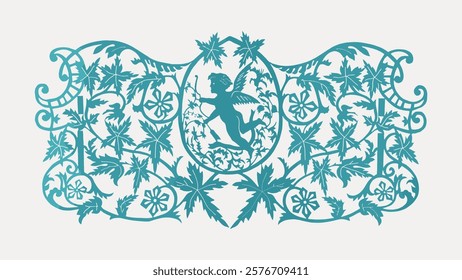 Intricate teal silhouette of a cherub surrounded by ornate floral patterns. Cherub design with floral motifs. Elegant cherub art with floral details. Vintage illustration isolated on white, vector.