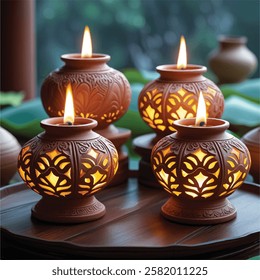 Intricate Terracotta Candle Holders with Warm, Inviting Light