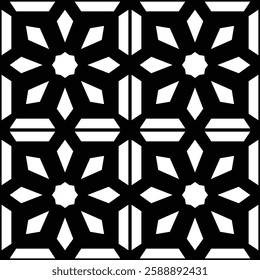 Intricate tessellated geometric design with repeating floral and diamond motifs on black, offering a modern take on traditional art.