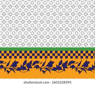 An intricate textile pattern featuring floral and geometric designs in white, green, blue, and orange, for textile, wallpaper, gift wrapping.