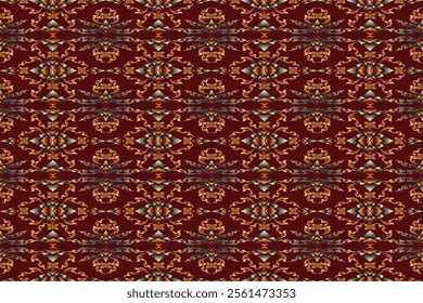 Intricate Thai Art Design with Gold and Blue Ornamental Motifs on a Rich Maroon Background - Symmetrical Pattern Perfect for Textiles, Home Decor, and Traditional Cultural Projects