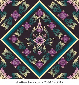 Intricate Thai Art Design with Purple Floral Motifs, Green Leaf Patterns, and Geometric Symmetry on a Black Background - Perfect for Textiles, Home Decor, and Traditional Cultural Projects