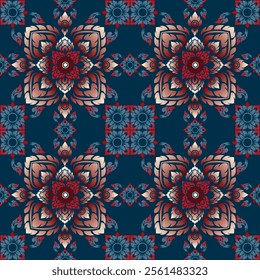 Intricate Thai Art Design with Red and Blue Floral Motifs, Symmetrical Patterns, and Ornamental Details on a Dark Blue Background - Perfect for Textiles, Home Decor, and Cultural Projects